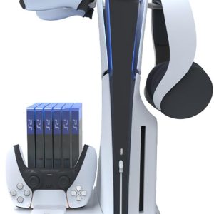 PS5 Slim Cooling Stand with Dual PS5 Controllers Charging Station, Cooling Station for PS5 Slim Console with 6 Game Discs Slot, with 2 Hangers