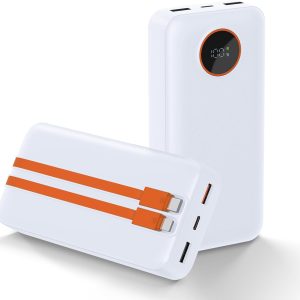 20000mAh Portable Charger with Built-in Cables, USB C LED External Indicator Compatible with iPhone 15/14/13/12 Series, Samsung, Android etc (White (20K))