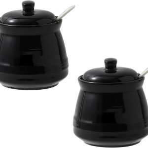 2 Pack 340ml Sugar Bowl with Lid and Spoon, Tea and Coffee Service, Condiments for Kitchen, Condiments, Microwave and Dishwasher (Black)