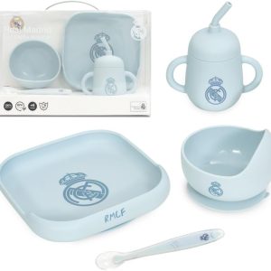 Interbaby – Real Madrid Blue Silicone 4-Piece Children’s Tableware Set | Plate, Bowl, Spoon and Cup | Microwave and Dishwasher Safe | BPA Free