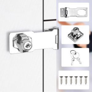 Cabinet Lock with Key, Zinc Alloy Padlock Deadbolt, Buckle Padlock, Door Lock with Padlock and Screws for Cabinets Drawers Cabinets (Silver, 4 Inches)