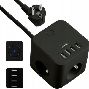 7-in-1 Cube Power Strip with 3 Outlets and 4 USB, 230V/10A, 1.5 m Cable, LED Switch, Grounding, Compact and Non-Slip for Office and Home, Black