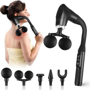 Double Head Massage Gun with Lengthened U Handle, 12 Speed, 36dB Quiet Massage Apparatus with 5 Tips, LCD and Type-C Display for Back, Nape, Legs, Fascia