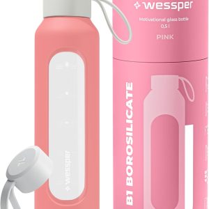 Wessper Glass Water Bottle, 500 ml Motivational Bottle with Hydration Scale, Borosilicate Glass Bottles with Silicone Sleeve, Safe BPA Free Material – Pink