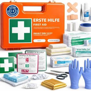 First aid case – DIN 13157:2021 according to current standard – including wall bracket, stickers – Tested first aid kit