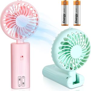 2 Hand Fans Folding Desk Fan Mini Fan Portable AA Battery Operated Small Table Fan for Travel Office Car Camping Outdoor (White) (Pink, Green)