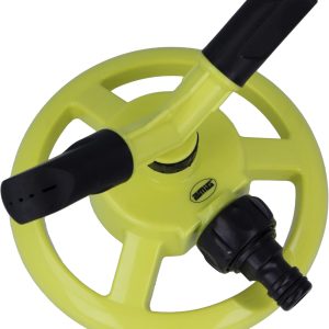 Amig – Aspersor Giratorio con 2 Boquillas – Para Sobreponer en el Césped | Ø150 x 110 mm | 2 Brazos Giratorios y Conector Rápido | Superficie hasta 34 m² | Plástico ABS | Verde Pistacho y Negro