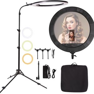 25 Inch Large Ring Light with Retractable Light Stand, Soft Tube and Phone Holder, 75W Dimmable Bi-Color LED Light for Makeup, Selfie, Vlog, YouTube Video