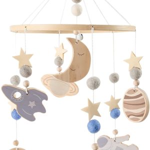 Baby Mobiles, Wooden Decoration For Baby Room – 360 Degree Rotating Musical Mobile With Planet And Rocket Pattern For Night Travel And Bedding