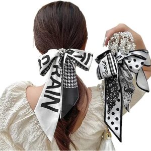 1pc Polka Dot Pearl Streamer Hair Rope Temperament Retro Head Rope Tie Hair White Hair Band Hair Accessories (A)