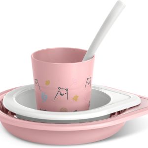 Suavinex, Baby Tableware, Learning Plate Set, +6 Months, Dishwasher and Microwave Safe Children’s Tableware, Includes: Cup + Dinner Plate + Bowl + Spoon Bears Pink