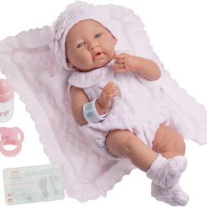 JC Toys – La Newborn 38 cm Newborn doll is soft vinyl, with knitted clothes and accessories, girl, pink, designed in Spain by Berenguer, +2 years