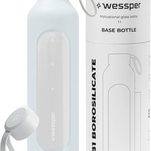Wessper Glass Water Bottle, 1 Litre Motivational Bottle with Hydration Scale, Borosilicate Glass Bottles with Silicone Sleeve, Safe Material BPA Free – Clear Blue