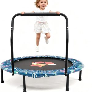 ’38” Trampoline for Kids Mini Trampoline with Adjustable Foam Handle and Safety Padded Cover Foldable Toddler Trampoline Indoor & Outdoor Bungee Rebounder Trampoline for Kids Play and Exercise’