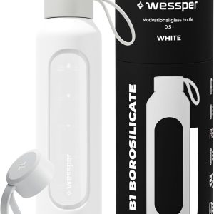Wessper Glass Water Bottle, 500 ml Motivational Bottle with Hydration Scale, Borosilicate Glass Bottles with Silicone Sleeve, Safe Material BPA Free – White