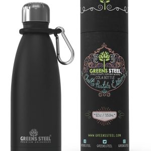 Greens Steel Stainless Steel Water Bottle – 350 ml, Black I Vacuum Insulated Double Wall I Carabiner and Gift Box Included I Reusable, Leak Proof for Adults and Children
