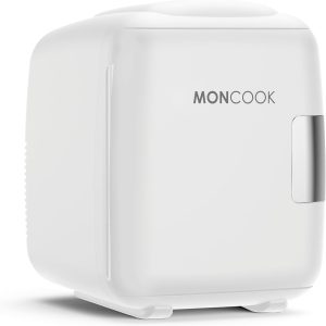 MONCOOK Mini Fridge for Bedroom – LED Display – Mini Fridge with Glass Door for Beauty, Food and Drinks – Cooling and Heating Function 5L – Mono White