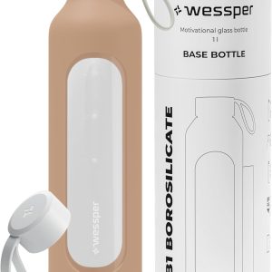 Wessper Glass Water Bottle, Motivational 1 Litre Bottle with Hydration Scale, Borosilicate Glass Bottles with Silicone Sleeve, Safe Material BPA Free – Beige