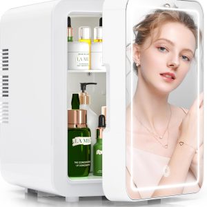 BOGDA – Mini Refrigerator Mirror, 6L Capacity, LED Light Sensitivity, Can Be Adjusted, Can Put Cosmetics and Food, White