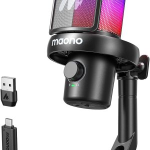 MAONO Wireless Microphone for PC, PC Microphone with AI Voice Changer Software, Noise Cancellation, Custom EQ, Adjustable RGB Lights for Gaming, Podcasting, Streaming, DM40 Black