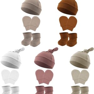 5 Sets Baby Socks and Beanies, Unisex Soft Beanies for Newborn Babies, Premature Socks Mittens for Newborn Babies Hospital Hats with Knots