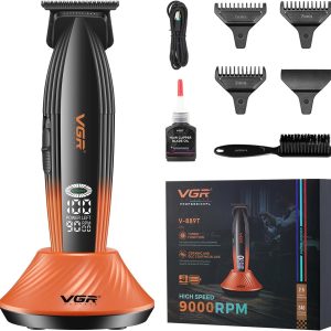 VGR 889T Precision Men’s Hair Clipper, Cordless Trimmer with Charging Dock, Professional Men’s Hair Clippers with Turbo Mode, LED Display and USB Charging, Orange