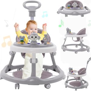 3 in 1 Multifunction Folding Walker with Seat and Foot Pads, Push Walker with Light Song and Sound, Baby Walker with Adjustable Height, Compact Walker for Girls and Boys