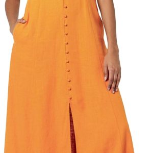 The Drop White Linen Button Front V-Neck Maxi Dress Dresses Women