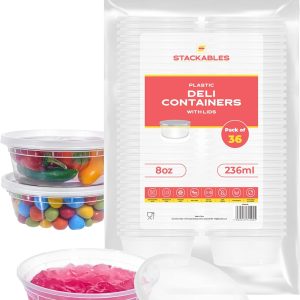 STACKABLES 36 Pack 8 oz Food Storage Containers Set, Reusable, Leak Proof and Microwave and Freezer Safe with Lids – Great for Meal Prep and Easy