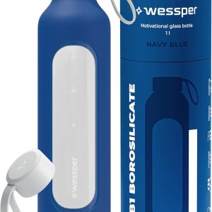 Wessper Glass Water Bottle, Motivational 1 Litre Bottle with Hydration Scale, Borosilicate Glass Bottles with Silicone Sleeve, Safe Material BPA Free – Blue