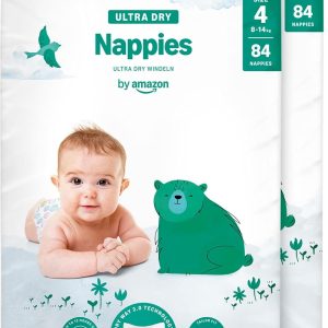 By Amazon Ultra-Dry Diapers, Size 4 (8-14 kg), Channeled, White, 168 Count (2 Packs of 84) – New Version (Formerly a Mama Bear brand, same product)
