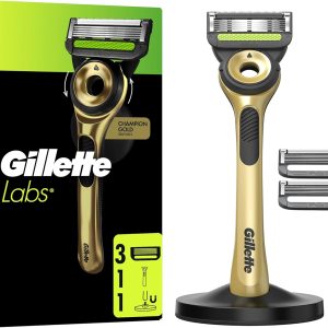 Gillette Labs Champion Gold Edition Razor with Refills, 1 Handle with Integrated Exfoliating Bar, 3 Blades with Lubricant Band, 1 Magnetic Holder