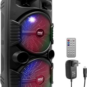 Pyle Speaker System, PA, 600W, Bluetooth, Portable, Rechargeable, Indoor, Outdoor, 8″ Subwoofer, 1″ Tweeter, Recording Function, Microphone, Party Lights, USB/SD Radio, Black