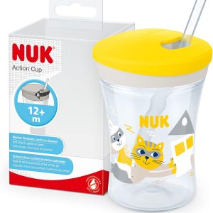 NUK Action Cup for Kids | +12 Months | Twist Action Soft Straw | Leak Proof | BPA Free | 230ml | Cat (Yellow) | 1 Count