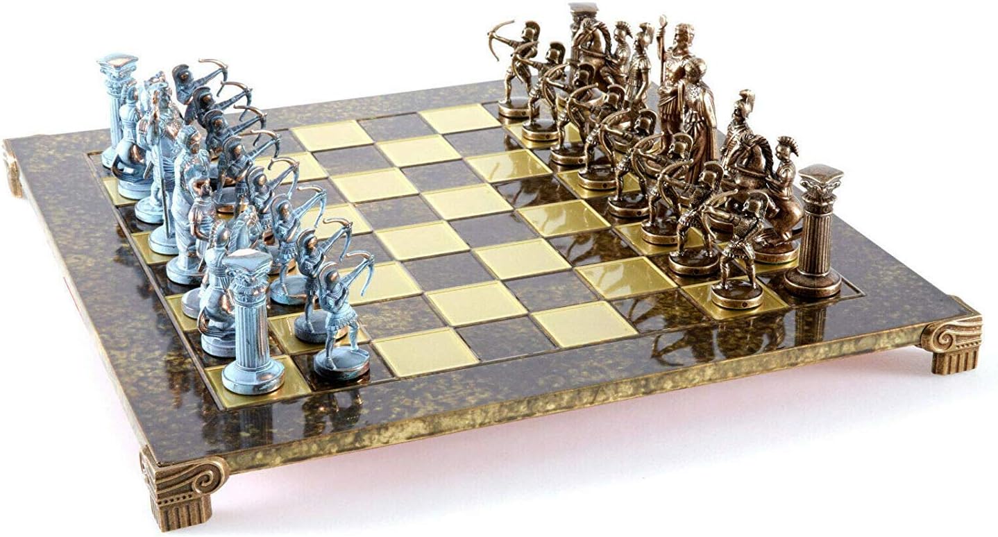Manopoulos Archers Large Blue Copper Chess Set Brown Chess Board