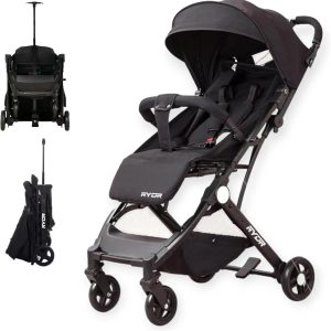 RYDR Lightweight Stroller, Compact Travel Stroller, One Hand Folding, Five Point Harness, Upgraded Wheels, Ideal for Airplane (Black)