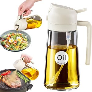 YARRAMATE Cooking Oil Sprayer, 2 in 1 Olive Oil Dispenser Bottle for Kitchen, 16oz/470ml Glass Oil Bottle for Air Fryer, BBQ (Creamy White)