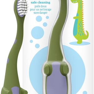 Dr. Brown’s Children’s Toothbrush for 1-4 Years Old Dinosaur Shape – Soft and Durable Filaments – Easy Grip Ergonomic Handle and Suction Cup at Base – BPA Free