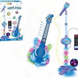 Guitar and Microphone Set for Kids, Guitar Toys with Music and Colorful Light, Height Adjustable Microphone with Stand, Karaoke Machine, Musical Instruments, Toy Microphone