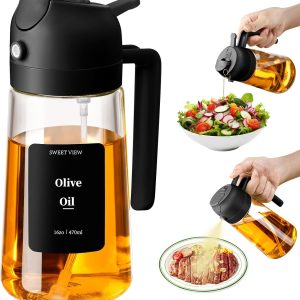 470 ml 2 in 1 Oil Dispenser and Oil Sprayer, Olive Oil Pourer Dispenser for Cooking, Cooking, Air Fryer, Salad, Barbecue (Black)