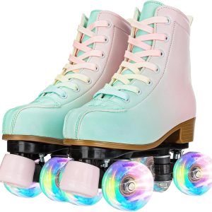 XUDREZ Roller Skates with Flash Wheels Green Pink Double Row Roller Skates for Kids Adults Youth Men Women Beginners Luminous Shoes