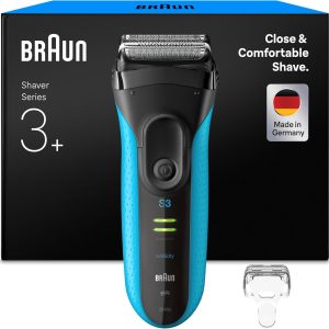 Braun Men’s Electric Shaver Series 3 ProSkin 3040s, Wet and Dry Beard Shaver, Precision Head, 45 Min Use, Rechargeable, MicroComb for Smooth Shaving, Black/Blue