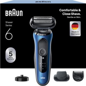 Braun Series 6 Men’s Electric Shaver, Beard Shaver with Trimmer, EasyClick, Charging Dock, SensoFlex, Dry & Wet Use, Rechargeable, Wireless, 61-B4500cs, Blue