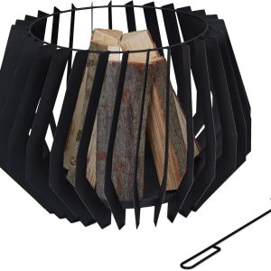 Relaxdays Outdoor Fire Pit with Poker, Round Stove, Campfire, Fire Pit, 40x60cm, Modern, Garden and Patio, Steel, Black