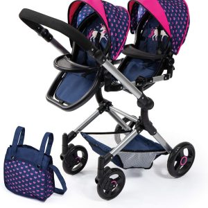Bayer Design 26254AA Twin Doll Pram, Stroller for Dolls, Adjustable Height, Foldable, with Shoulder Bag, Blue with Unicorn and Hearts