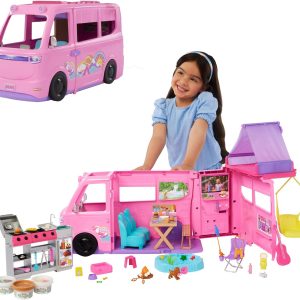 Barbie DreamCamper Super Caravan Play Set with Roof Tent, Swing, Fishing Pond, BBQ with Color Changing Function and 60+ Accessories Including Mass, HRJ78