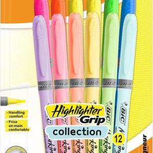 BIC Highlighter Grip Adjustable Bevel Tip Highlighters – Intense & Pastel Colors, Assorted, Pack of 12
