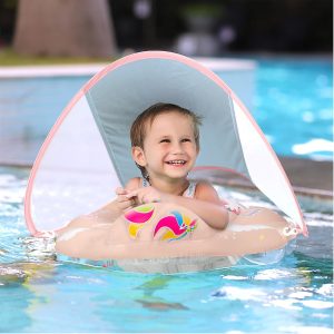 Baby Pool Float, Baby Float with Umbrella, Baby Swim Ring, Inflatable Swimming Ring, Swim Float for Age 12-36 Months Toddlers, Pink