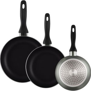 WELL HOME MOBILIARIO & DECORACIÓN Set of 3 Frying Pans 16/20/24 Pressed Aluminium, Non-Stick, Suitable for Induction, Metallic Grey