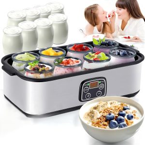 Automatic Digital Yogurt Maker with 8 175ml Glass Jars, Stainless Steel Probiotic Yogurt Maker with Constant Temperature Control and LCD Display